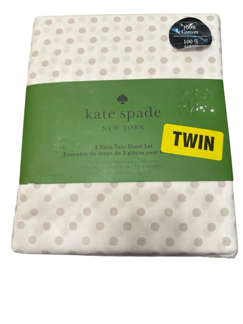 NEW Kate Spade 3 Pc Twin Sheet Set Traditional Dot Glacier Gray 100% Cotton